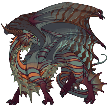 A Thalassa guardian dragon. Its teal pinstripe and orange-range stained tertiary give it the effect of being mostly a deep teal and reddish-brown with orange stripes on its body.