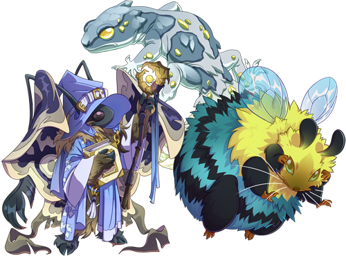 An anthropomorphic moth creature wears a wizard's hat and robes. It clutches a book to its chest. To its right there is a blue and yellow hamster-bee that is very round. Above there is a gecko-like creature with glowing jewels on it