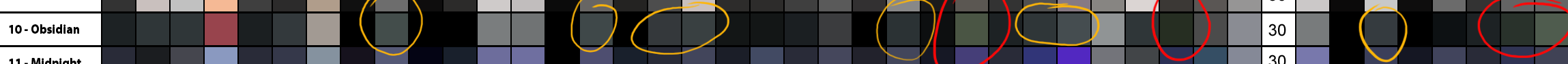 A color chart showing the row of swatches used for various obsidian genes