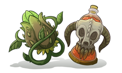 An image that displays two important objects from the Flight Rising short story, The Seed and the Sickness. The first object is a large, thorny flower bud with two leafy vines sprouting out of its bottom and then swirling around itself. The second object is a large bottle full of orange liquid, with a skull forming the middle section of the bottle, and two horns acting as handles. These objects represent The First Seed and The Final Infection, which are weapons created by the nature and plague deities to cause an unstoppable spread of their element. The First Seed spreads giant plant life that can kill anything its path while The Final Infection causes a worldwide, inescapable plague of disease and contagion.