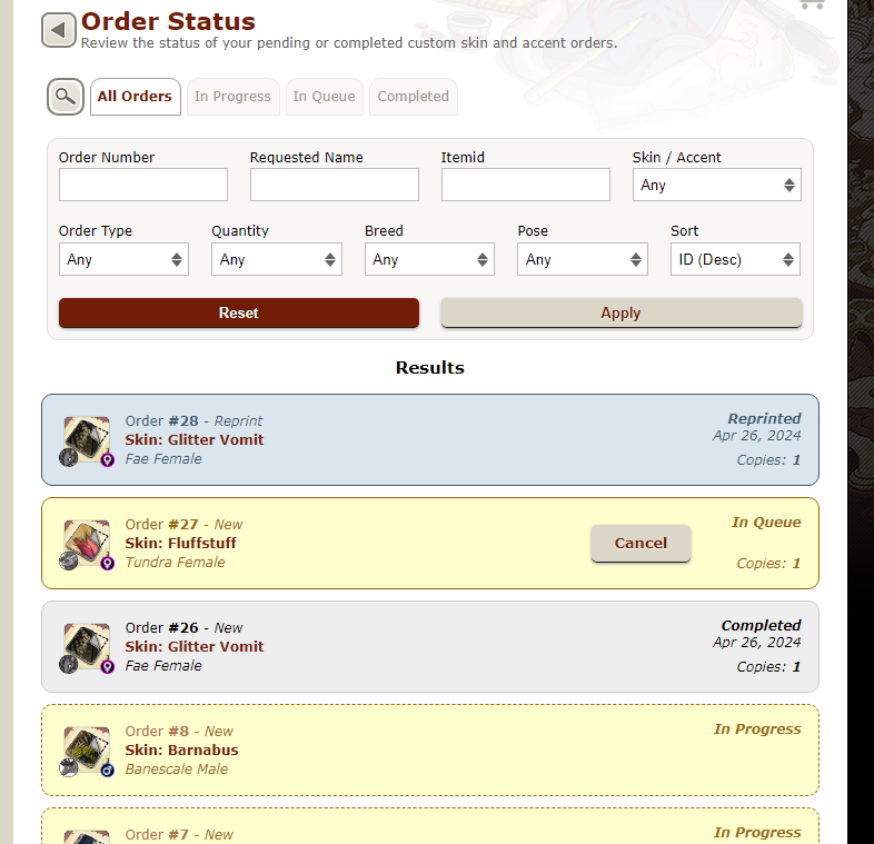 A screenshot of the order status page. All of the players are listed and color coded, with blue representing reprinted items, yellow representing skins that need to be reviewed by the team or skin submissions that have not gone through, and grey representing completed orders.