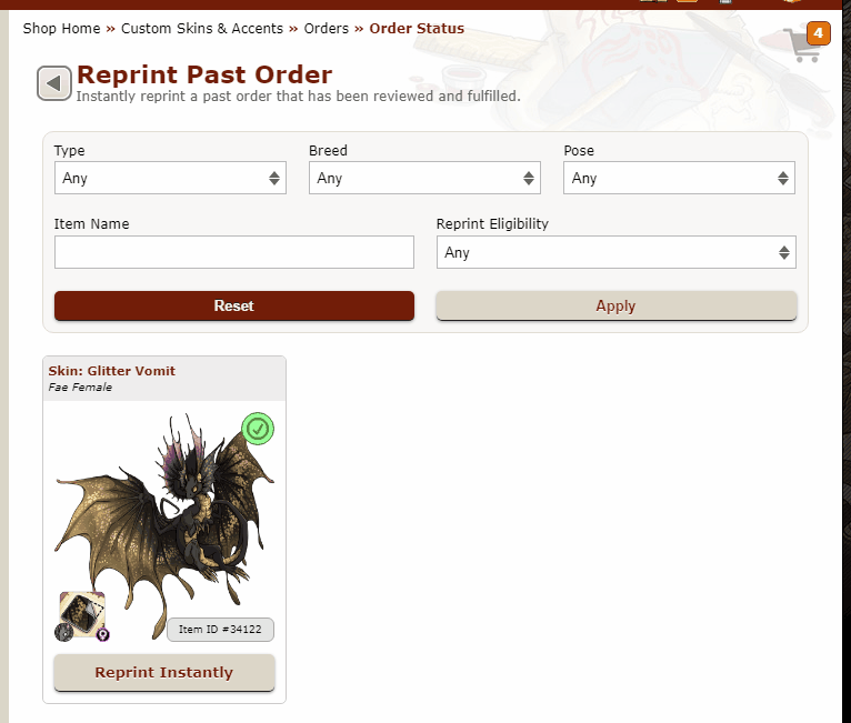 An animated gif that shows a player going to their eligible reprints, clicking on the button below artwork for that reprint that reads - reprint instantly - , and then placing a reorder on the next page. They are able to choose how many copies they wish to reorder.