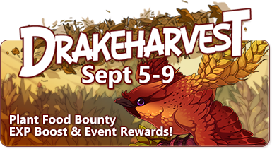 The overlaid text reads Drakeharvest, September 5-8, Plant Bounty, EXP Boost & Event Rewards! The banner image is of a Waxwing bird familiar with red feathers and a pointy crest. Its tail appears to be made of trailing wheat rather than feathers. In the background is a field of grain.