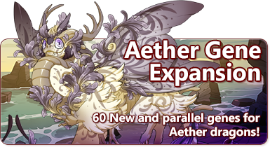 The overlaid text reads - Aether Gene Expansion - 60 new and parallel genes for Aether dragons! The banner shows a flat-faced dragon with large eyes, antlers, and moth wings. The filigree-looking Ornaments, Fern, and Paisley genes are used on it, creating many swirly leaf-like decorations. The dragon is maize with platinum wings and thistle tertiary. 