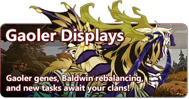 The overlaid text reads - Gaoler Displays - Gaoler genes, Baldwin rebalancing, and new tasks await your clans! The image features a male pose Gaoler dragon with the striped Lionfish gene, dimond patterned Jester gene, and flowing feathery Whiskers gene. This fuzzy dragon is in shades of light yellow and deep purple. Behind it is a rainy autumn scene