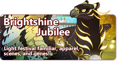 The overlaid text reads - Brightshine Jubilee - Light festival familiar, apparel, scenes and genes! The image depicts a black and gold gryphon with light streaks coming off of its cheeks and chest. It is wearing golden armor across its chest and spotted wings.