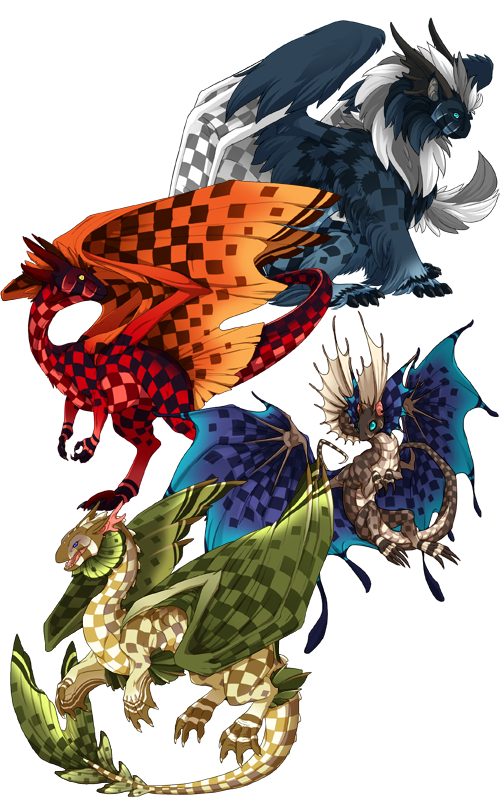 A selection of dragons displaying the Checkers and Chess genes, which apply a square chess board pattern in alternating colors across the dragons body. From top to bottom: A male pose tundra dragon with a dark blue body and white wings, A male pose wildclaw dragon with a red body and orange wings, a female pose fae dragon with a brown body and purple and blue wings, and a fathom female pose dragon with a light gold body and green wings.