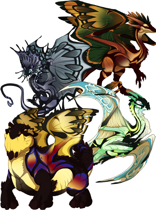 A selection of dragons displaying the Chorus and Choir genes. From top to bottom: A Wildclaw female pose dragon in shades of rust and forest green, a Fae male pose dragon in shades of desaturated blue and teal, a Nocturne female pose dragon, in sahdes of green, teal, and ivory, and a Snapper male pose dragon, in shades of red, purple, and light yellow.