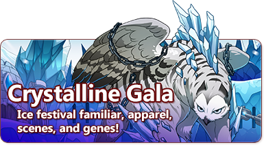 The overlaid text reads Crystalline Gala - Ice festival familiar, apparel, scenes, and genes. The banner features the Ice gryphon, a mix of snowy owl and bear. On its back are ice crystals, and in the background is the towering Fortress of Ends, covered in chains.