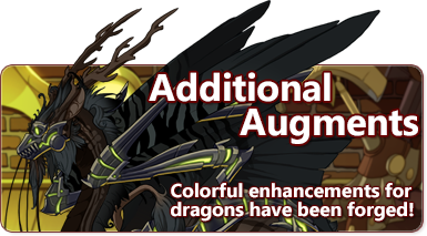 A serpentine imperial dragon wearing the green and black peridot enhancement set, which puts a futuristic looking wing, mask, and eye augment on them, is in the foreground. The dragon is oilslick in body color with the stripped savannah gene, and has obsidian-colored wings in the safari gene. The overlaid text reads: Augmented Apparel; Colorful enhancements for dragons have been forged!