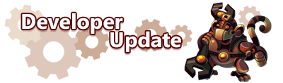 A banner shaped image with a white background and interlocked cogs of varying shades of coppery brown. There is a mechanical monkey on the right side of the banner and the overlaid text reads Developer Update