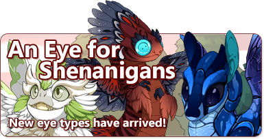 The overlaid text reads - An Eye for Shenanigans - New eye types have arrived! The banner image displays an Aether hatchling with faded wind eyes, which display with a greyish tint, lacking vibrancy. The blue Spiral hatchling has dark water eyes, which take the hue of the eye to something approaching black. The tiger striped Auraboa hatchling has vibrant green buttons for eyes.