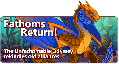 The overlaid text reads - Fathoms Return! The Unfathomable Odyssey rekindles old alliances. The banner has an orange and blue patterned dragon with a long snout, webbed ears, and display fins under its chin. Behind the dragon is a kelp forest background.