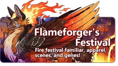 The overlaid text reads - Flameforger's Festival - fire festival familiar, apparel, scene, and genes! There is a fiery gryphon facing to the left. Its is a mix of an expressive hoatzin bird and a lanky maned wolf. Fire trails behind its head and it wears forged armor.