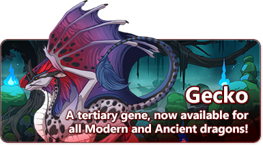 The overlaid text reads - Gecko - A tertiary gene, now available for all Modern and Ancient dragons! The image depicts a Pearlcatcher dragon with a single horn and a mane running down its back. It has a greyish body and blue and red faded wings. The Gecko spots run across its body and wings, and there's trailing accent lines around its eyes and tail. In the background is a dark forest with will 'o the wisps glowing with teal fire.