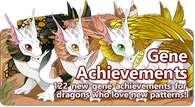 The overlaid text reads - Gene Achievements - 122 new gene achievements for dragons who love new patterns. The image shows three fathom hatchling with white bodies and different gene patterns across their wings. The leftmost hatchling has the stained-glass like breakup pattern, the middle hatchling has the swirls and stars of constellation, and the last hatchling has the broken color with rivulets of line of current.