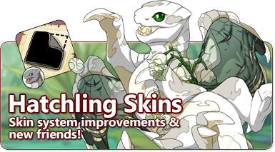 The overlaid text reads - Hatchling Skins - skin system improvements and new friends. There is a scaled dusthide hatchling dragon with antique scales and jade wings. It has an accent depicting lily of the valley flowers applied. A hatchling skin icon is in the upper left.