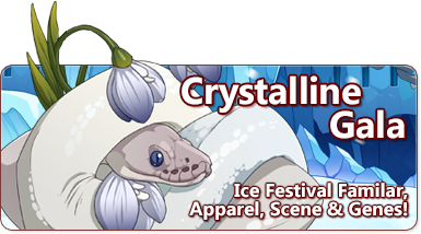 In the foreground is a white ball python with slightly iridescent scales surrounded by snowdrop flowers. The python is sitting in an icy scene. The overlaid text reads: Crystalline Gala; Ice Festival Familiar, Apparel, Scene, & Genes.