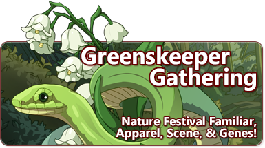 The overlaid text reads - Greenskeeper Gathering - Nature festival familiar, apparel, scene, and genes! The image depicts a green mamba snake wrapped around stems of small, bell-shaped Lily of the Valley flowers and their leaves.