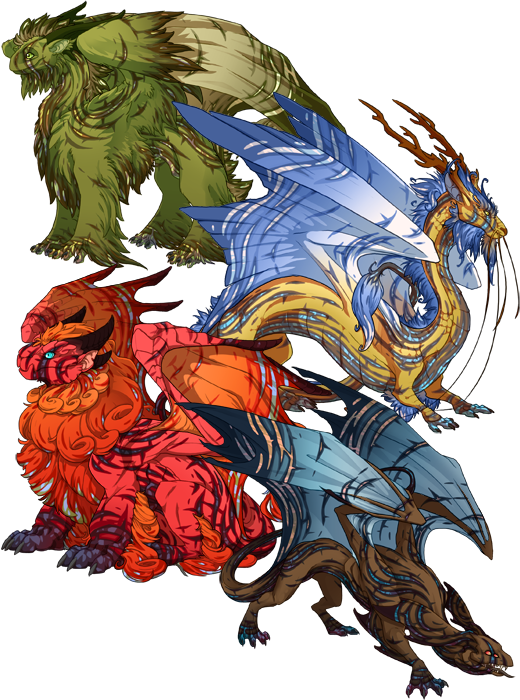 A selection of dragons displaying the Petrified and lode genes. From top to bottom: A Tundra female pose dragon in shades of green and brown, with seams of lighter green-gold, an Imperial male-pose dragon in gold and sky blue, with seams of light gold and blue, and Obelisk female pose dragon in shades of orange, with seams of blue and purple, and a Mirror male pose dragon in shades of brown and turquoise, with seams of blue and orange.