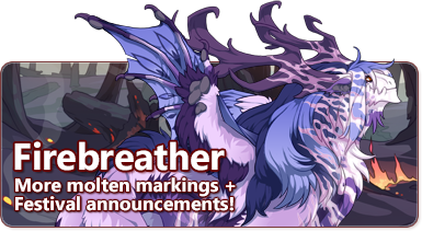 The overlaid text reads - Firebreather - More molten markings + Festival announcements! The banner displays a shaggy Gaoler dragon with a lion's mane and antlered horns in shades of lavender and muted blue. The Firebreather gene trails molten veins across its face in shades of pink.