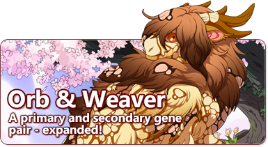 The overlaid text reads Orb and Weaver, A primary and secondary gene pair, expanded! The banner image displays a Gaoler hatchling dragon with antlered horns and a fuzzy mane. Across its body in shades of flaxen yellow and caramel brown are the ringed and connected spots of the orb and weaver gene. 