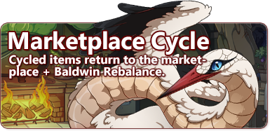 The overlaid text reads - Marketplace Cycle - cycled items return to the marketplace + Balwin rebalance. In the foreground is the new avian-leaning amphithere familiar. It resembles a white stork crossed with a snake, boasting the beak, wings, and white feathers tipped with black of the former, and the serpentine body of the latter. In the background, a cauldron brews over a fire.