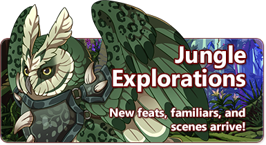 The overlaid text reads - Jungle Explorations - New feats, familiars, and scenes arrive! There is a green leopard spotted owl wearing spiked armor standing in front of a tropical jungle.