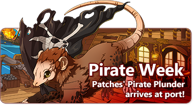 The overlaid text reads - Pirate Week - Patches' Pirate Plunder returns to port! The banner image is of a Rodaque, a creature that appears to be a mix of a rat and a monkey. This furry brown creature is clutching a draconic jolly roger flag in its mouth as it scampers across a ship.