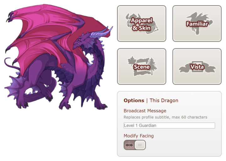 A screenshot showing the customize dragon page. On it there is a guardian female pose that has been flipped. The item of note is that below the four buttons for apparel, familiar, scene, and vista, there is an options box. This box lets players apply a broadcast message, but dragon with the reflection scroll also have a button to toggle which direction the dragon is facing.