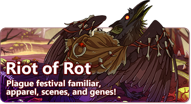 The overlaid text reads Riot of Rot - Plague festival familiar, apparel, scenes, and genes. The plague gryphon familiar is featured on the right side of the banner. It has the head and wings of a crow, and the body of a rat. It wears a tattered pelt and bones across its shoulders. Behind it is a bone-strewn plague environment with red ground and sickly green puddles.