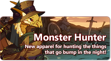 The overlaid text reads - Monster Hunter - New Apparel for hunting the things that go bump in the night! On the left of the banner image is a flaxen colored dragon wearing a wide brimmed hat, and multi-layered mantle in autumnal shades. In the background is a desolate landscape with discarded weaponry.