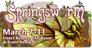 The overlaid text reads Spring Swarm - March 7-11 - Insect Bounty, EXP Boost & Event Rewards! There is a yellow-green, orange, and brown lucust familiar flying towards the right, translucent wings spread. Behind it is a forest scene.