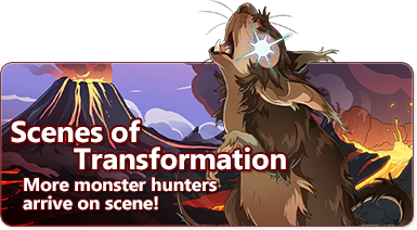 The overlaid text reads - Scenes of Transformation - More monster hunters arrive on scene. A brown weremouse howls in front of an erupting volcano. Its eye reflects the light in a spectacular way.