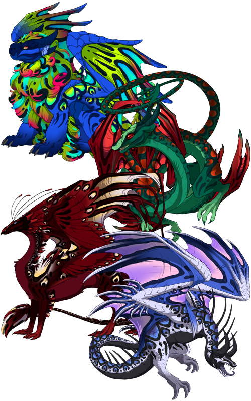 A selection of dragons displaying the Boa and Saddle genes. From top to bottom: An Obelisk dragon in shades of ultramarine blue and neon green, a Spiral in shadows of blue-green and red, a Skydancer in sahdes of dark red and off-white, and a Banescale dragon in shades of white, blue, and lavendar.