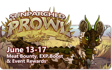 The overlaid text reads Sunparched Prowl, June 13-17, Meat Bounty, EXP Boost & Event Rewards! There is a wild-dog like creature with spotted fur and a scaled back that transitions into a tail that is a serpent's body and head. Behind it is a grasslands scene