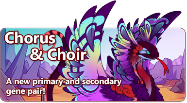 The overlaid text reads Chorus and Choir, A primary and secondary gene pair! The banner image features a male pose coatl with a flat, round head, feathered head crest, and arced, feathered wings. They are displaying the bold stripes, smooth gradients, and teardrop patterning of Chorus and Choir in vibrant teals, purples, and reds. The environment behind the dragon depicts a rocky landscape with reddish ground and purple rock formations