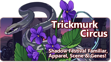 The overlaid text reads Trickmurk Circus, Shadow festival familiar, apparel, scene and genes! There is a blue beauty rat snake in dark blue grey colors entwined with purple violets. The snake has a mask like marking on its face. The background is twilight ruins.