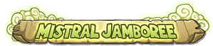 Mistral Jamboree text logo and light green wind clouds on a parchment background.