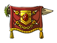 A red banner bearing a golden, jeweled and adorned symbol of a shield with two spears crossed behind it. There are golden tufts at the bottom, further denoting it as a sign of status and power.