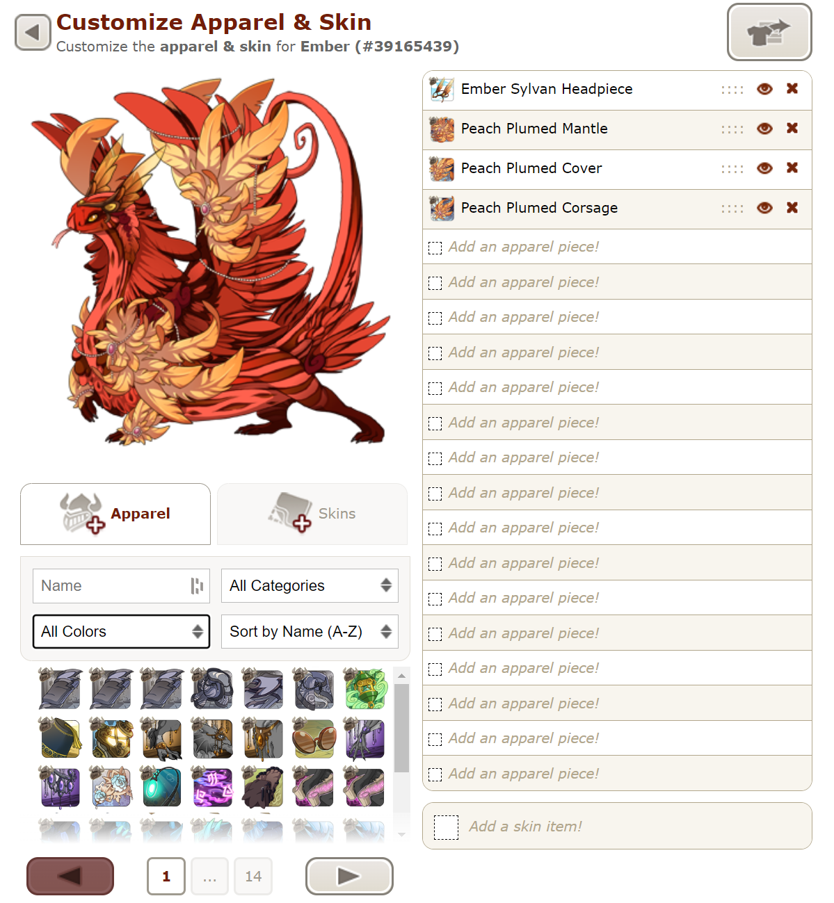 An image of the interface for customizing apparel and skins. The dragon is on the left, with a menu listing equipped items to the right.