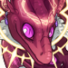 Portrait of a pink spiral dragon with pink eyes, and glowing yellow halos on and around his head